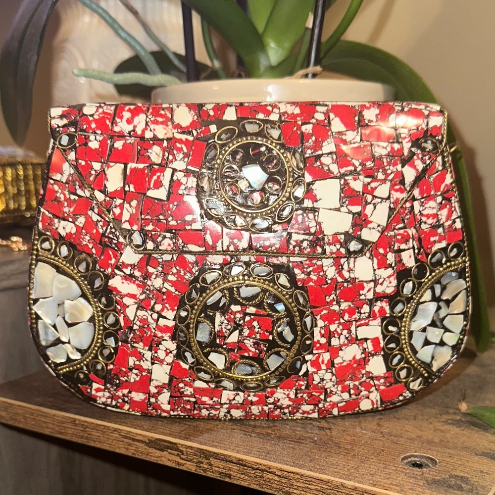 Elegant Red and White Mosaic Clutch